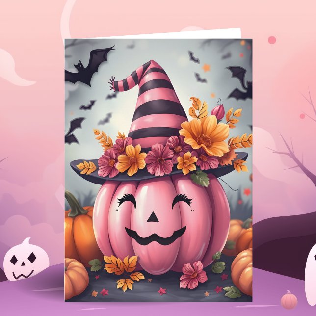 Pretty Pink Halloween Pumpkin Jack-o-lantern Card (Creator Uploaded)