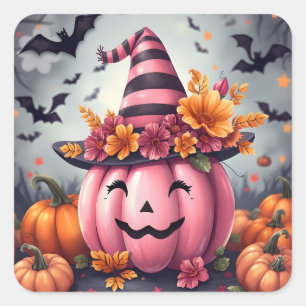 Pretty Pink Halloween Pumpkin Jack-o-lantern Square Sticker
