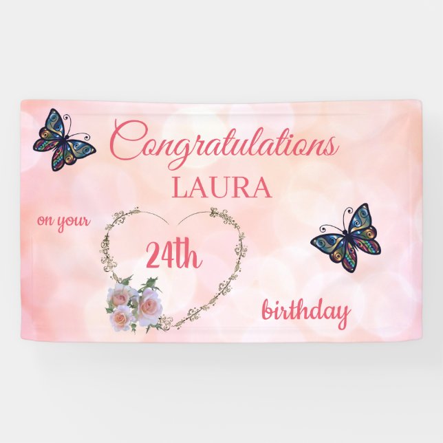 Pretty Pink Happy 24th Birthday Banner (Horizontal)