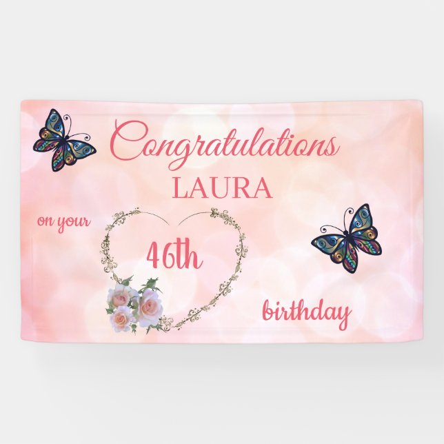 Pretty Pink Happy 46th Birthday Banner (Horizontal)