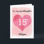 Pretty Pink Heart 15th Birthday Granddaughter Card<br><div class="desc">A pink 15th birthday daughter card, which features a watercolor heart against pink watercolor. You can personalize the heart with the age you need and add her name underneath the heart. The inside message can be easily edited if wanted. The back of the card has a narrower version of the...</div>