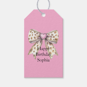 Pretty Pink Heart Leopard Girly Bow Birthday Gift Tags