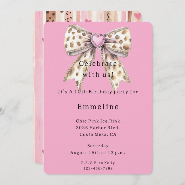 Pretty Pink Heart Leopard Girly Bow Birthday Invitation (Front/Back)