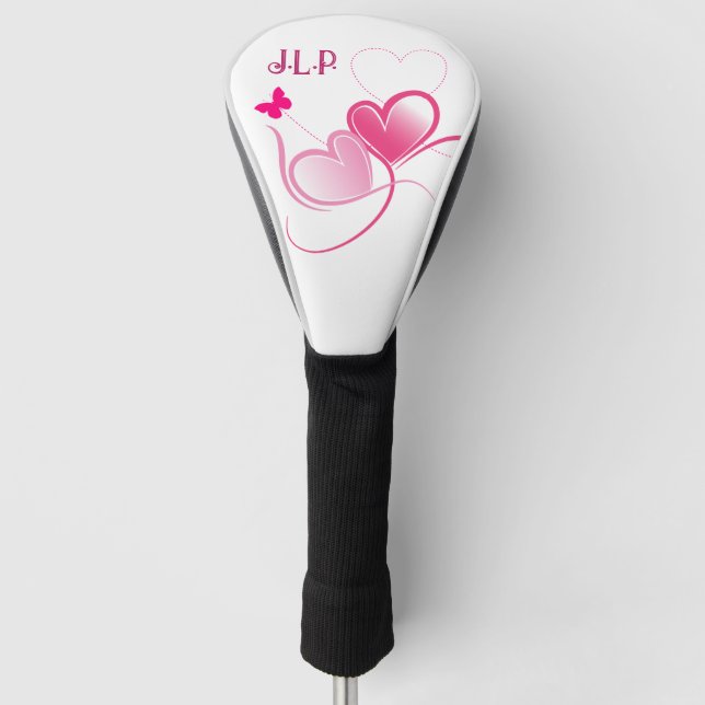 Pretty Pink Hearts With Butterfly Golf Head Cover (Front)