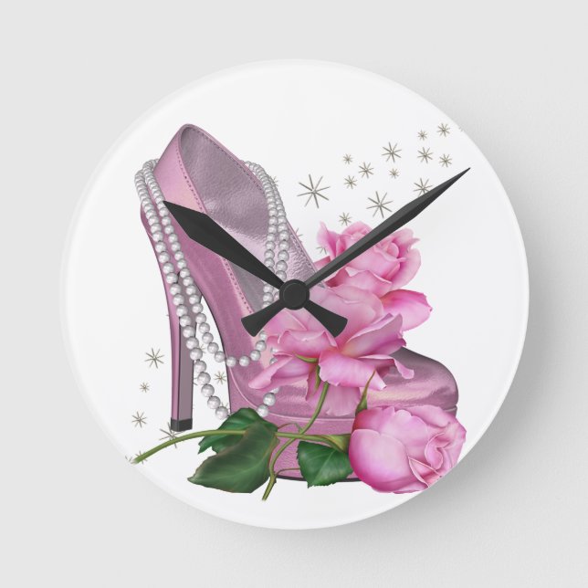 Pretty Pink Hi Heel Rose Round Clock (Front)