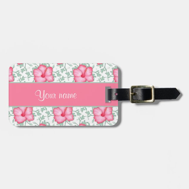 Pretty Pink Hibiscus Flowers Luggage Tag (Front Horizontal)