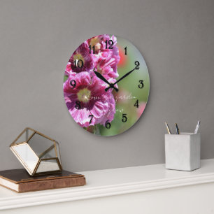 Pretty Pink Hollyhock Flowers Photography   Large Clock