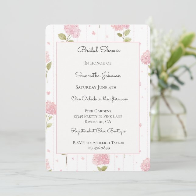 Pretty Pink Hydrangea Flowers Bridal Shower   Invitation (Standing Front)
