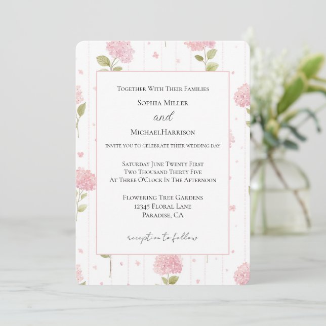 Pretty Pink Hydrangea Flowers Wedding Invitation (Standing Front)