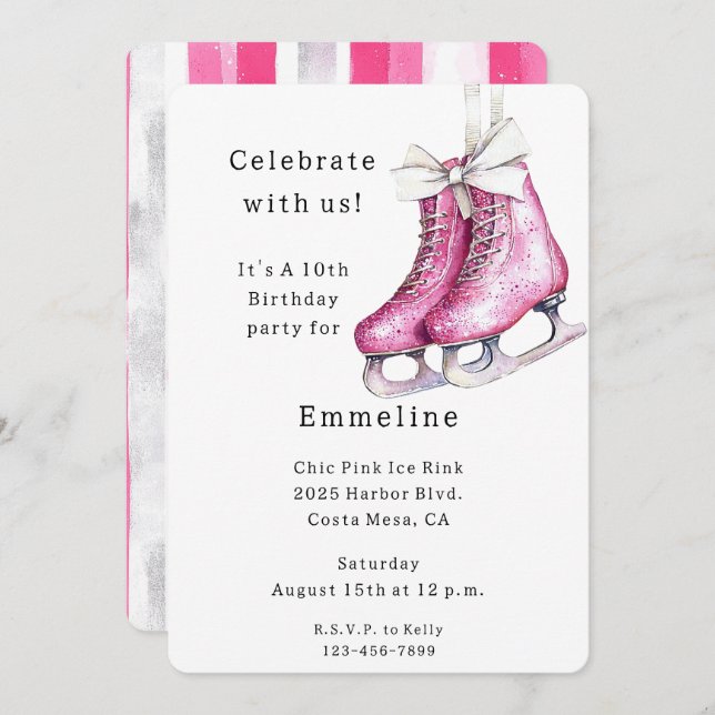 Pretty Pink Ice Skates Birthday Invitation (Front/Back)