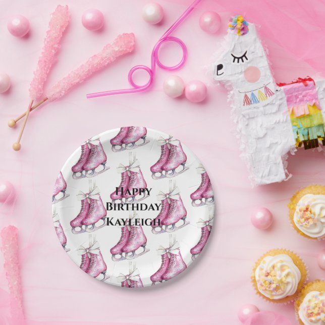 Pretty Pink Ice Skates Birthday Paper Plate (Party)
