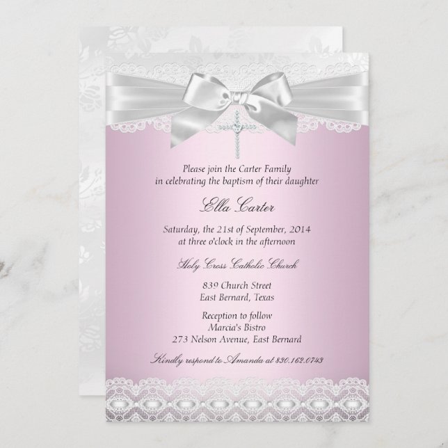Pretty Pink Lace Cross Baptism Invite (Front/Back)
