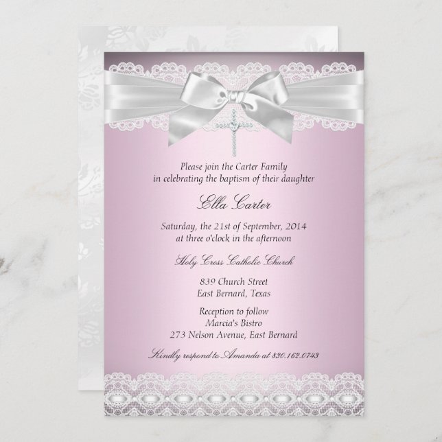 Pretty Pink Lace & Cross Baptism Invite (Front/Back)