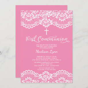 Pretty Pink Lace First Holy Communion Invitation