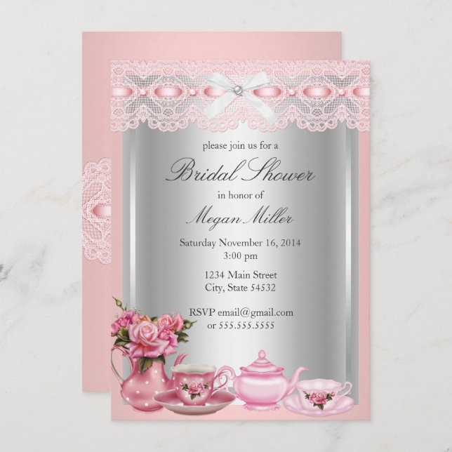 Pretty Pink lace High Tea Bridal Shower Invitation (Front/Back)