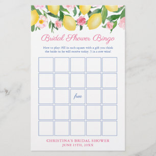 Pretty Pink Lemons Bridal Shower Bingo Game Card