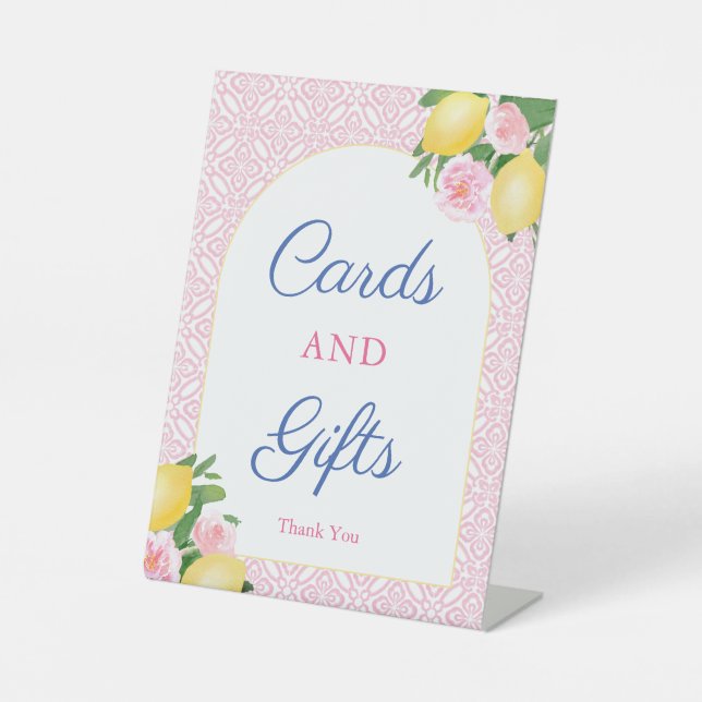 Pretty Pink Lemons Cards And Gifts Wedding Shower Pedestal Sign (Front)
