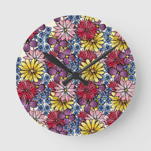 Pretty Pink Lilac Blue Red Wildflower Illustration Round Clock