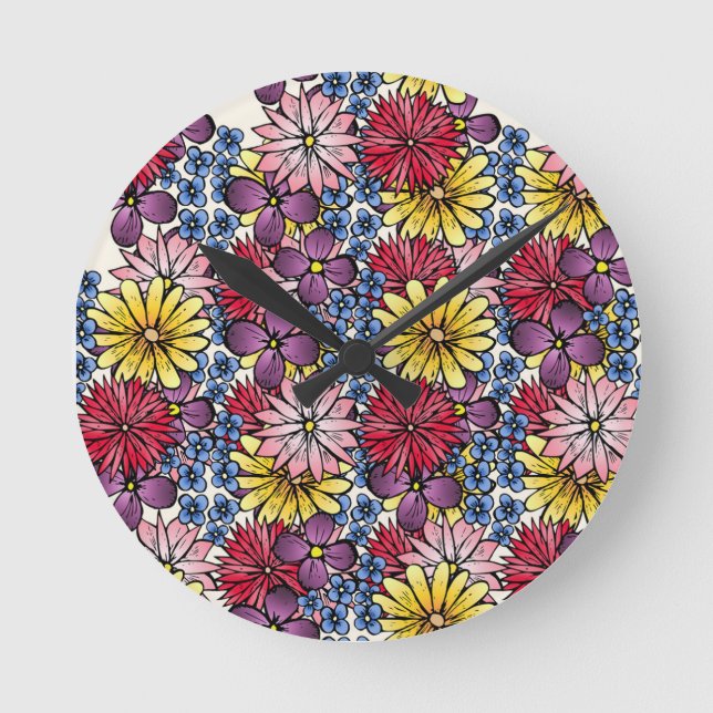 Pretty Pink Lilac Blue Red Wildflower Illustration Round Clock (Front)