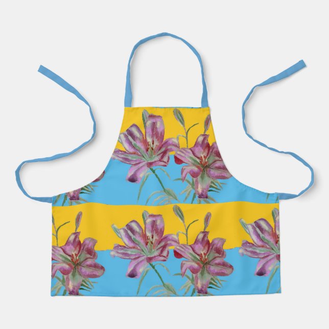 Pretty Pink Lily Watercolor Kitchen Floral Apron (Front)