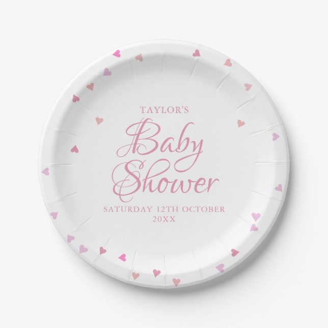 Pretty Pink Love Hearts Baby Shower / Sprinkle Paper Plate (Front)