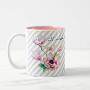 Pretty Pink Magnolia Floral Grey Stripes and Name Two-Tone Coffee Mug