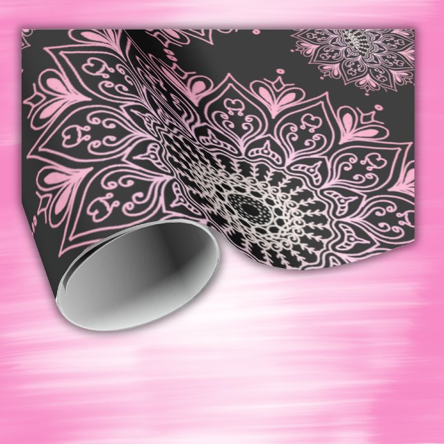 Pretty pink mandala on black | wrapping paper (Creator Uploaded)