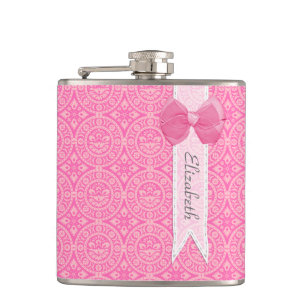 Pretty Pink Medallion Damask Cute Bow With Name Hip Flask