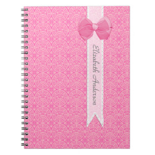 Pretty Pink Medallion Damask Cute Bow With Name Notebook