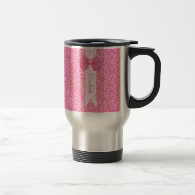 Pretty Pink Medallion Damask Cute Bow With Name Travel Mug (Right)