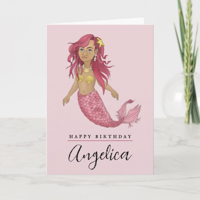 Pretty Pink Mermaid Girls Name Happy Birthday Card (Front)