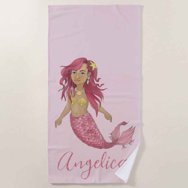 Pretty Pink Mermaid Girl's Room Custom Name Beach Towel (Front)