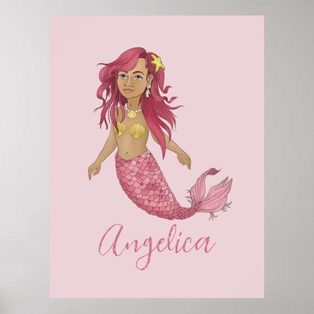 Pretty Pink Mermaid Girl's Room Name Art Print (Front)