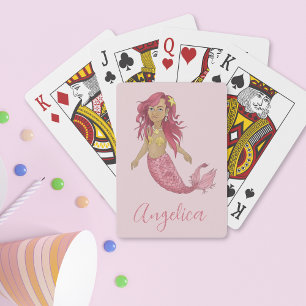 Pretty Pink Mermaid Happy Birthday Custom Name Playing Cards