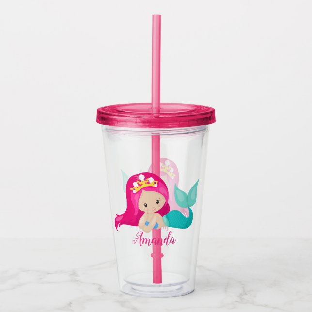 Pretty Pink Mermaid Personalised Kids Child Acrylic Tumbler (Front)