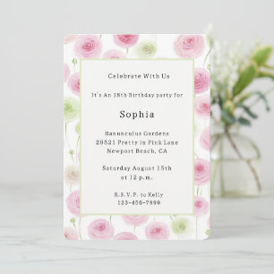 Pretty Pink Mint Ranunculus Birthday   Invitation