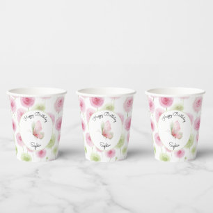 Pretty Pink Mint Ranunculus Birthday Paper Cups