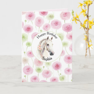 Pretty Pink Mint Ranunculus Horse Birthday Card