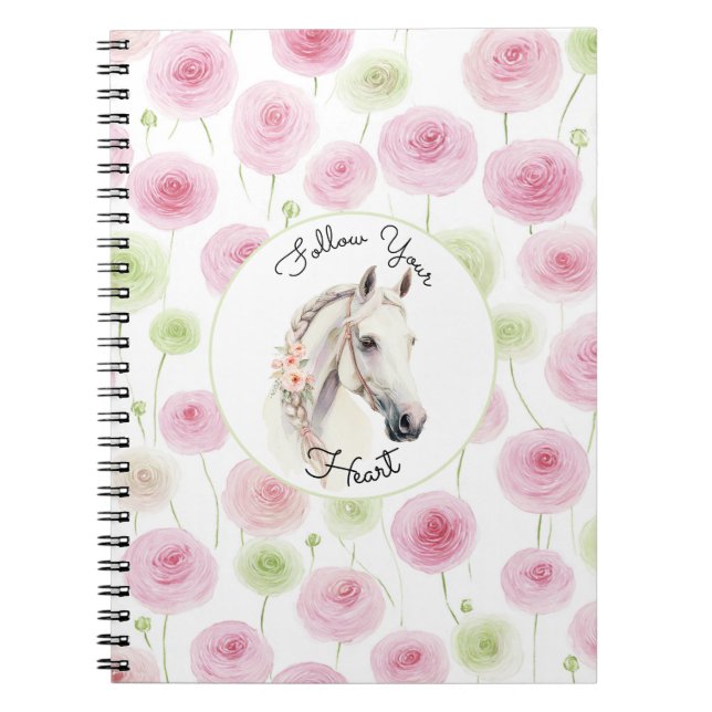Pretty Pink Mint Ranunculus Horse Notebook (Front)