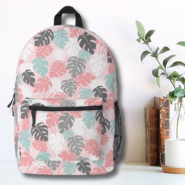 Pretty Pink Modern Monstera Tropical Pattern Girls Printed Backpack (Trendy Modern Monstera Leaf Tropical Pattern Printed Backpack)