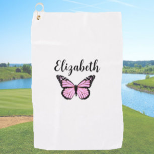 Pretty pink monarch butterfly custom name ladies golf towel