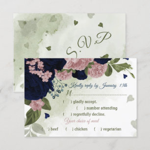 pretty pink navy blue flowers greenery meal choice RSVP card