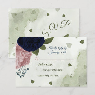 pretty pink & navy blue flowers greenery RSVP card