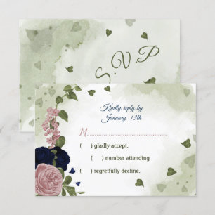pretty pink & navy blue flowers greenery RSVP card