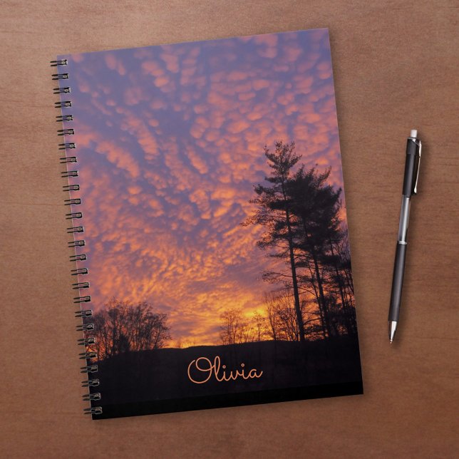 Pretty Pink Orange Clouds with Name Sunrise Photo Notebook (Pretty Pink Orange Clouds with Name Sunrise Photo Notebook, in situ)