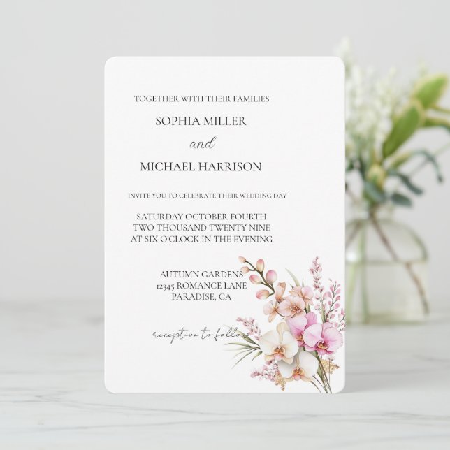 Pretty Pink Orchid Floral Wedding Invitation (Standing Front)