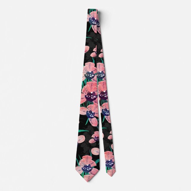 Pretty Pink Orchid Flower Paint Black design Tie (Front)