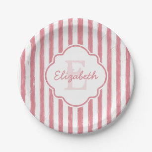 Pretty Pink Painted Stripes Monogram and Name Paper Plate