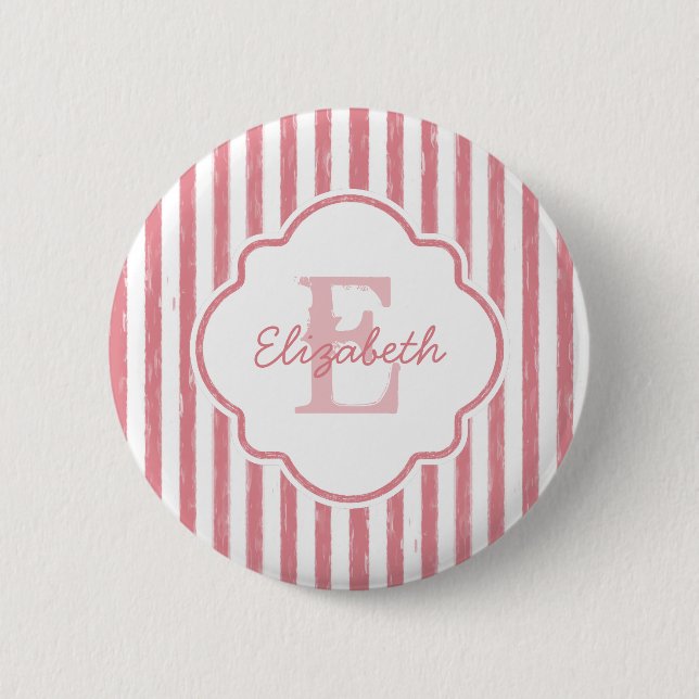Pretty Pink Painted Stripes Monogram With Name 6 Cm Round Badge (Front)