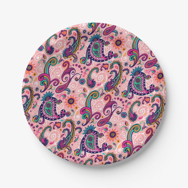 Pretty Pink Paisley Pattern Paper Plate (Front)